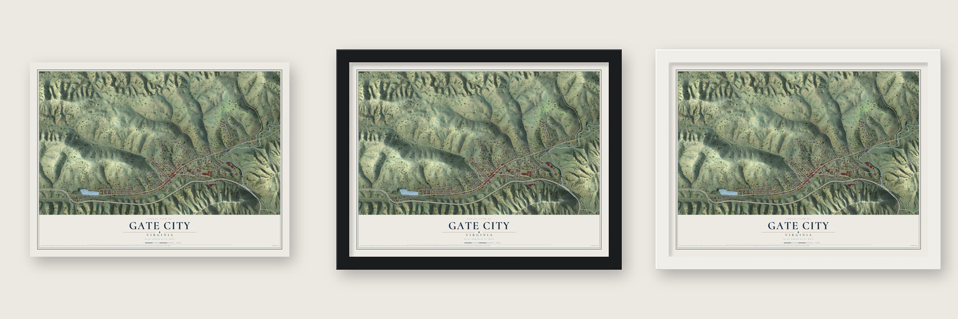 Gate City, Virginia map unframed, in a black wood frame and in a white wood frame