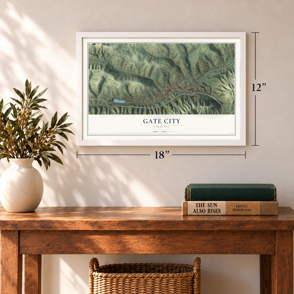 Gate City, Virginia map, 12 x 18 inch print in a white frame in an entryway