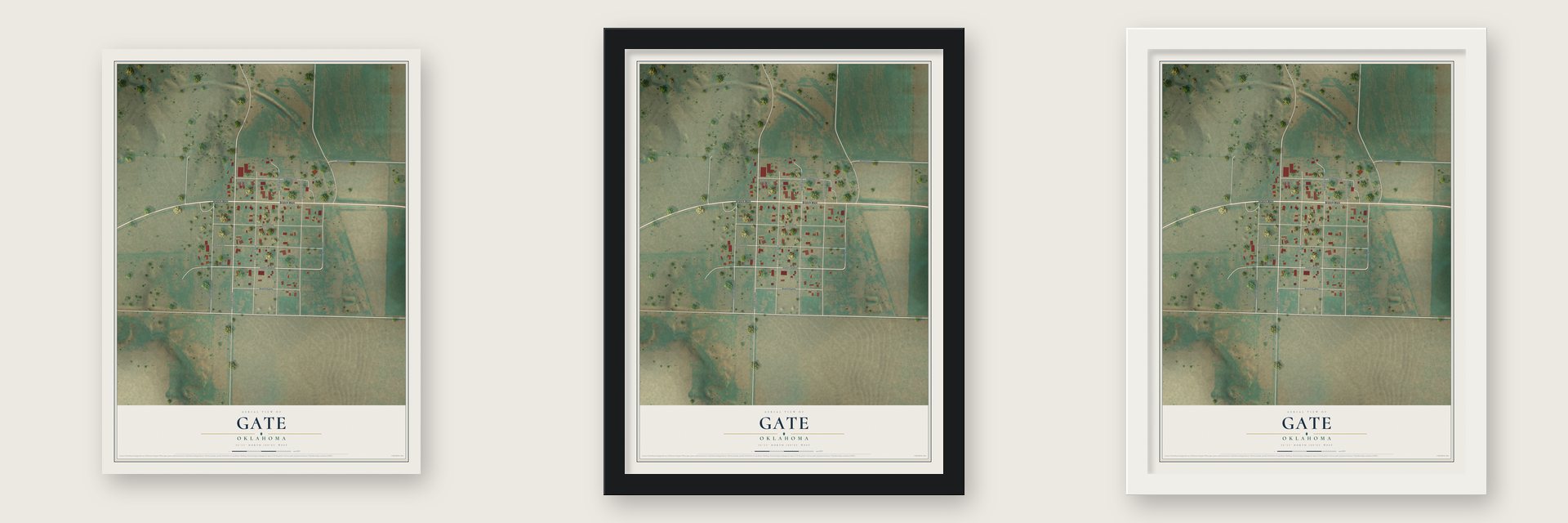 Gate, Oklahoma map unframed, in a black wood frame and in a white wood frame