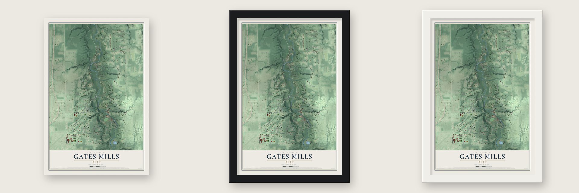 Gates Mills, Ohio map unframed, in a black wood frame and in a white wood frame