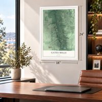 Gates Mills, Ohio map, 18 x 24 inch print in a white frame in a home office