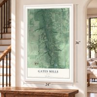 Gates Mills, Ohio map, 24 x 36 inch print in a white frame by a staircase
