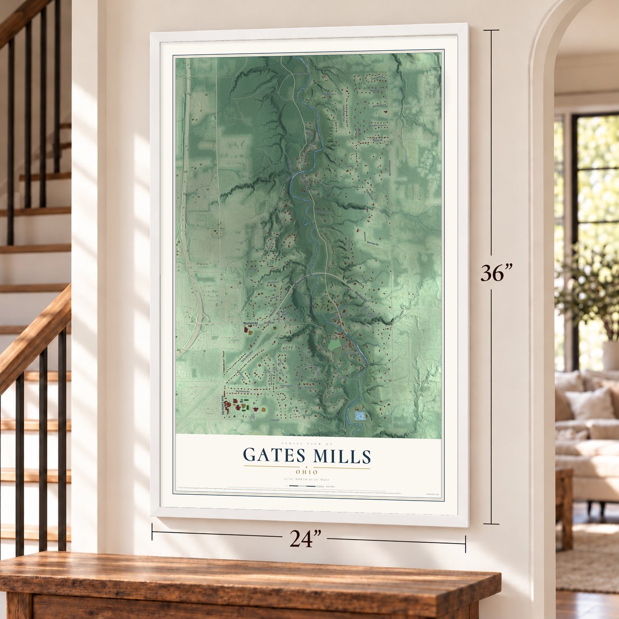 Gates Mills, Ohio map, 24 x 36 inch print in a white frame by a staircase