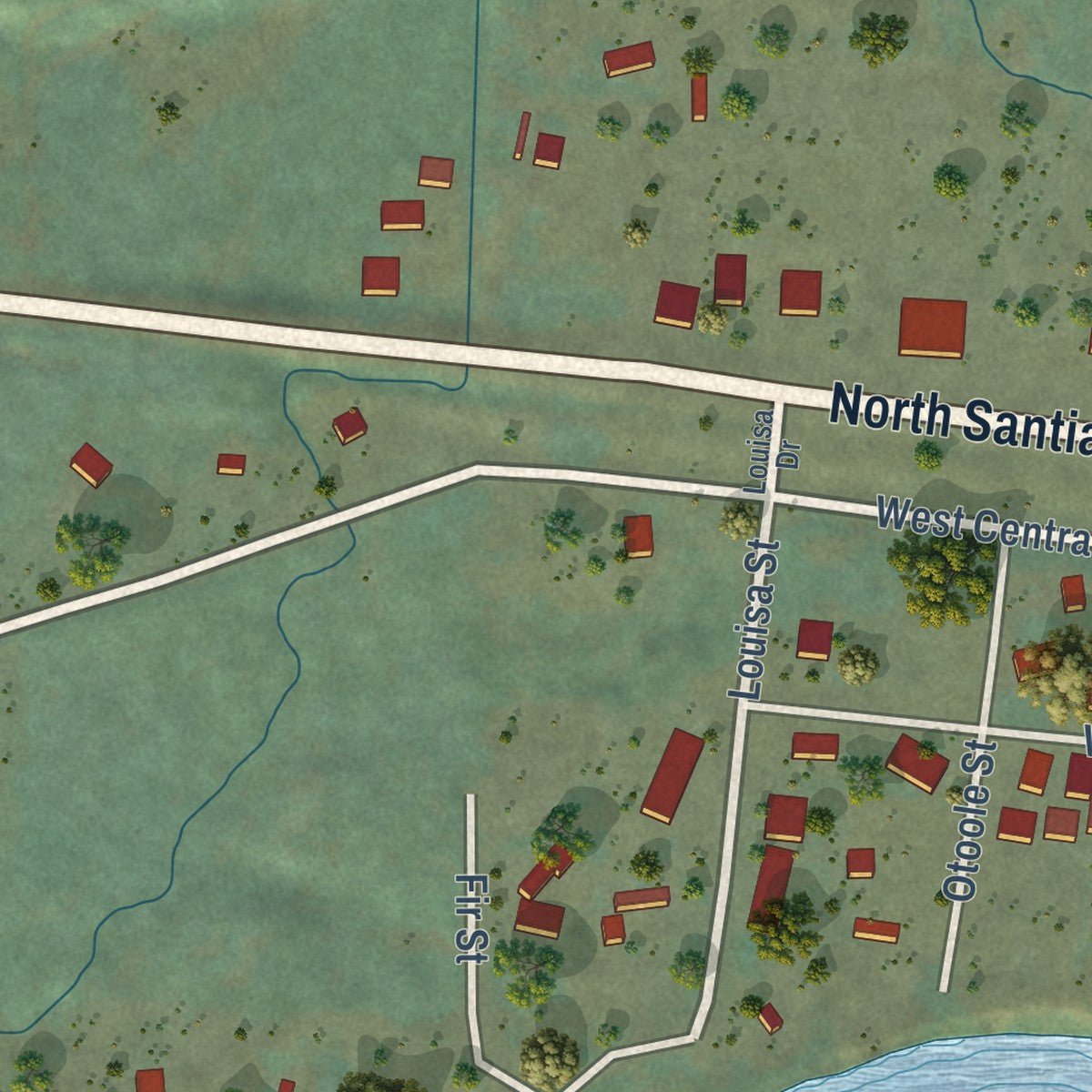 Second close-up of the map of Gates, Oregon print showing more streets and buildings