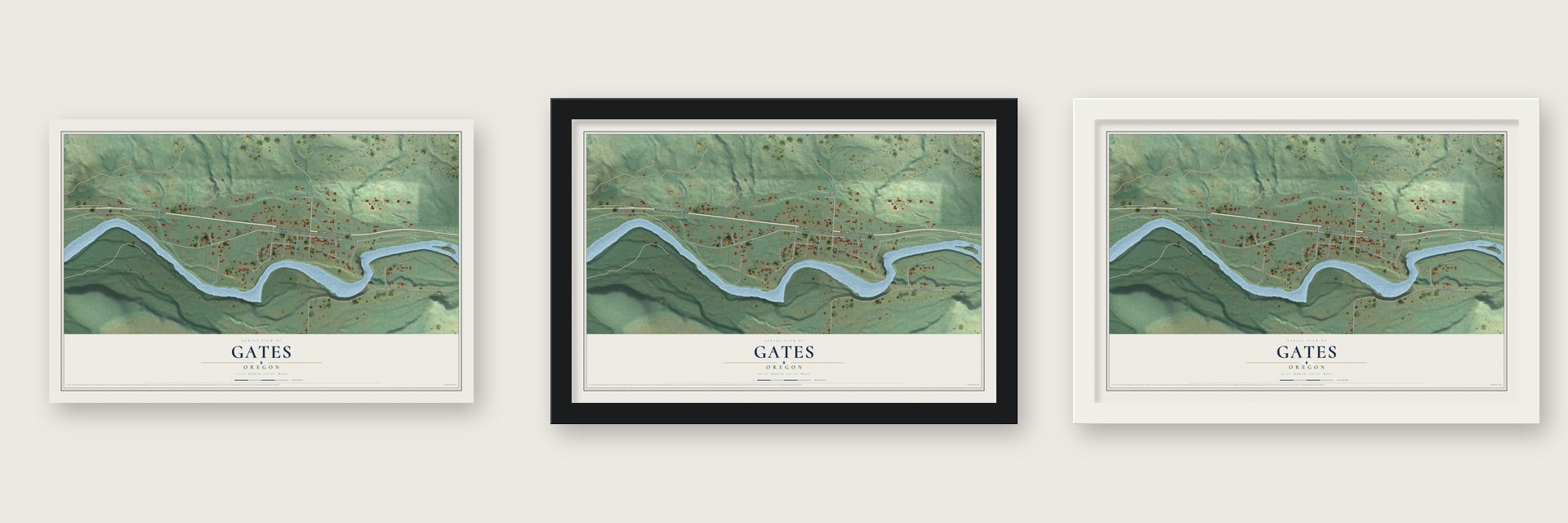 Gates, Oregon map unframed, in a black wood frame and in a white wood frame