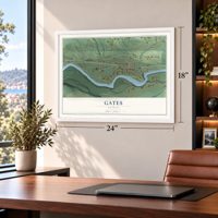 Gates, Oregon map, 18 x 24 inch print in a white frame in a home office