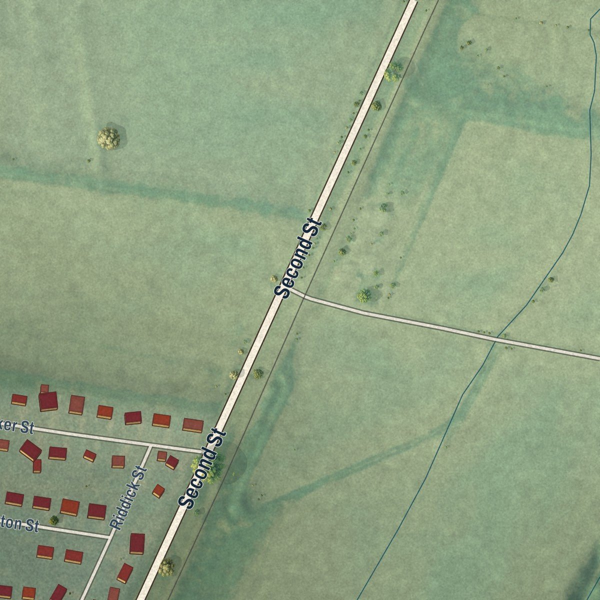 Second close-up of the map of Gates, Tennessee print showing more streets and buildings