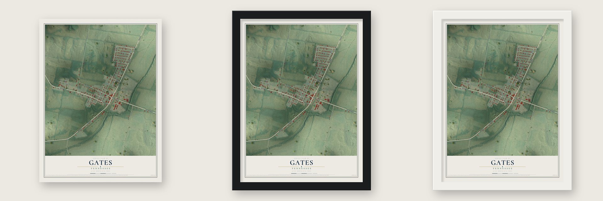 Gates, Tennessee map unframed, in a black wood frame and in a white wood frame