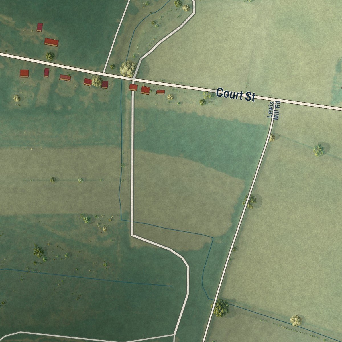 Second close-up of the map of Gatesville, North Carolina print showing more streets and buildings