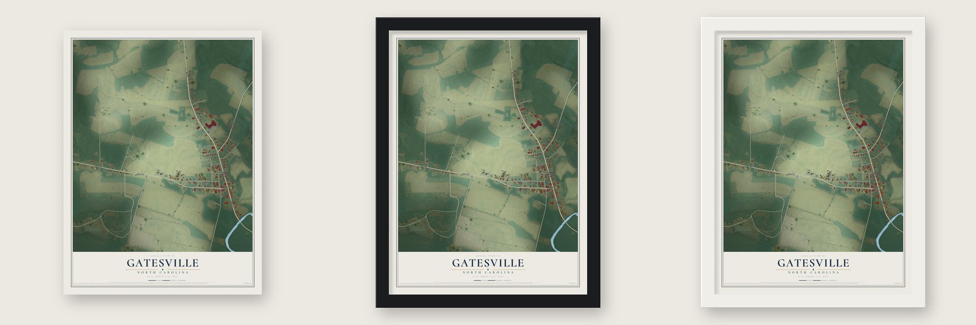 Gatesville, North Carolina map unframed, in a black wood frame and in a white wood frame