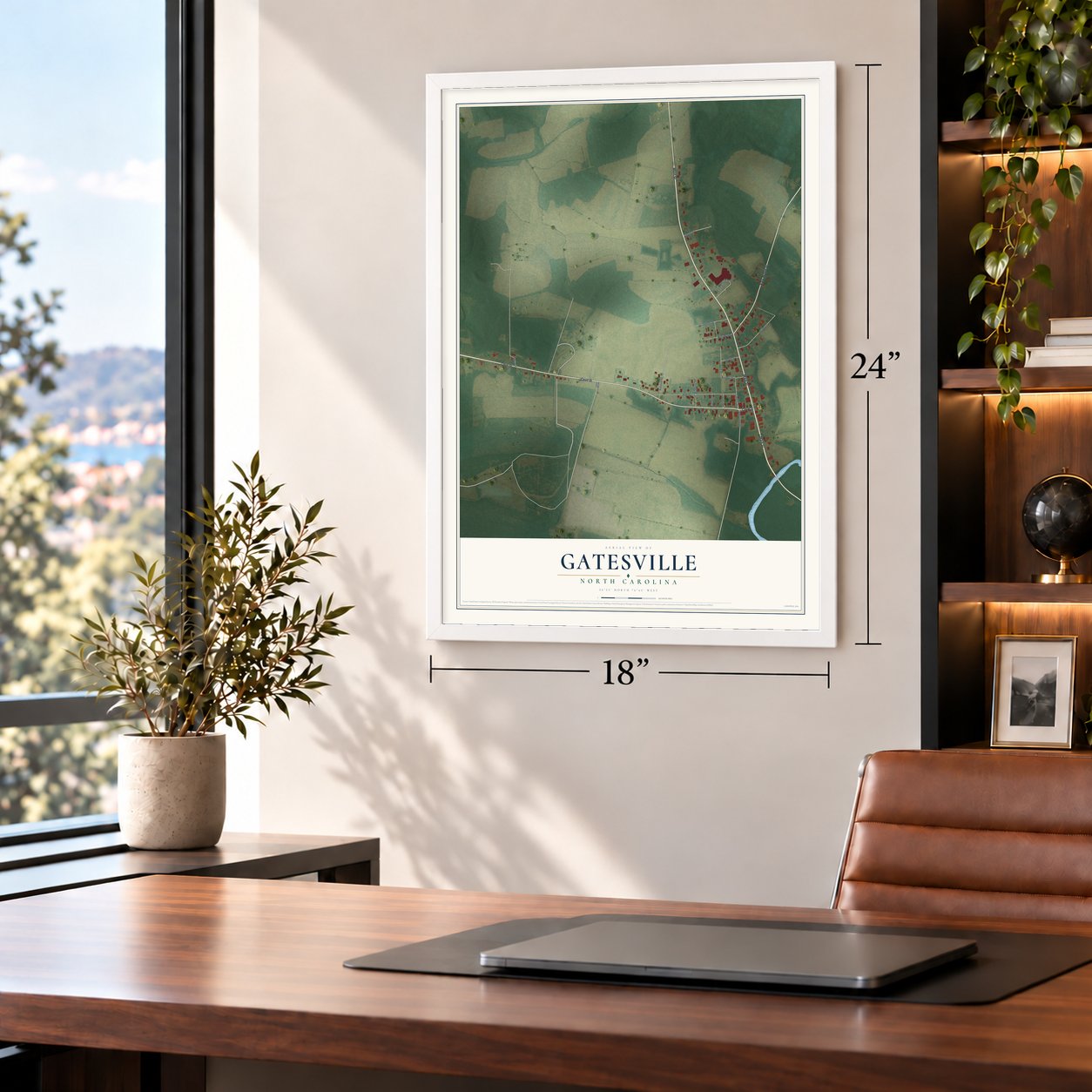 Gatesville, North Carolina map, 18 x 24 inch print in a white frame in a home office
