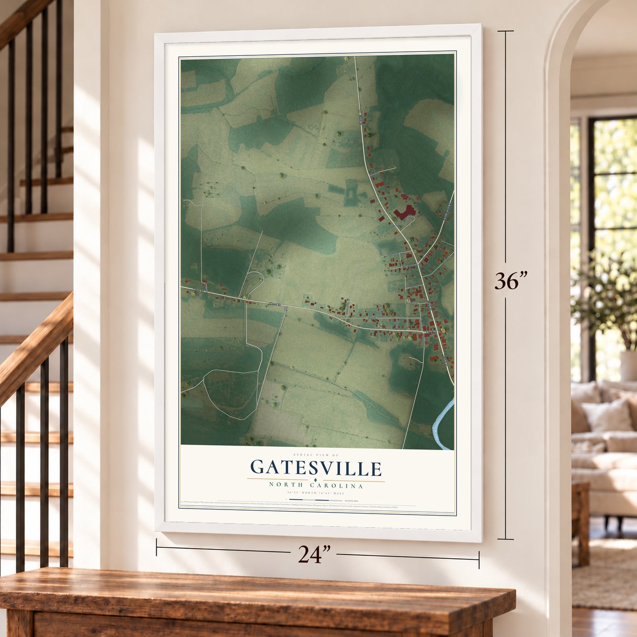 Gatesville, North Carolina map, 24 x 36 inch print in a white frame by a staircase