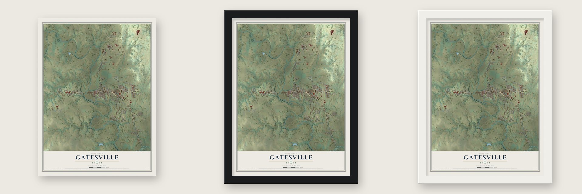 Gatesville, Texas map unframed, in a black wood frame and in a white wood frame