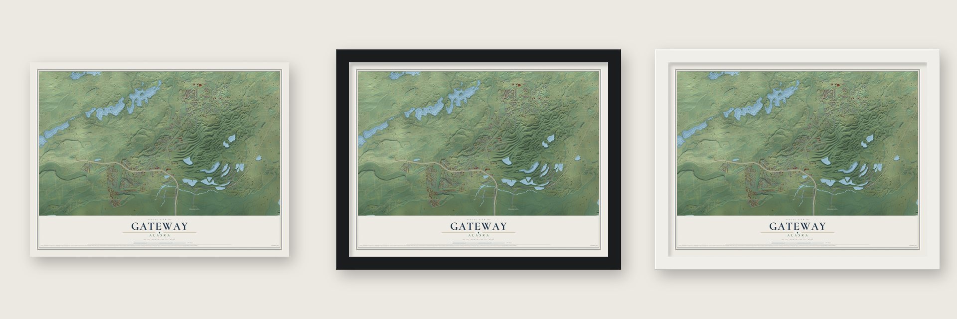 Gateway, Alaska map unframed, in a black wood frame and in a white wood frame