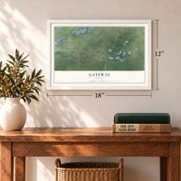 Gateway, Alaska map, 12 x 18 inch print in a white frame in an entryway