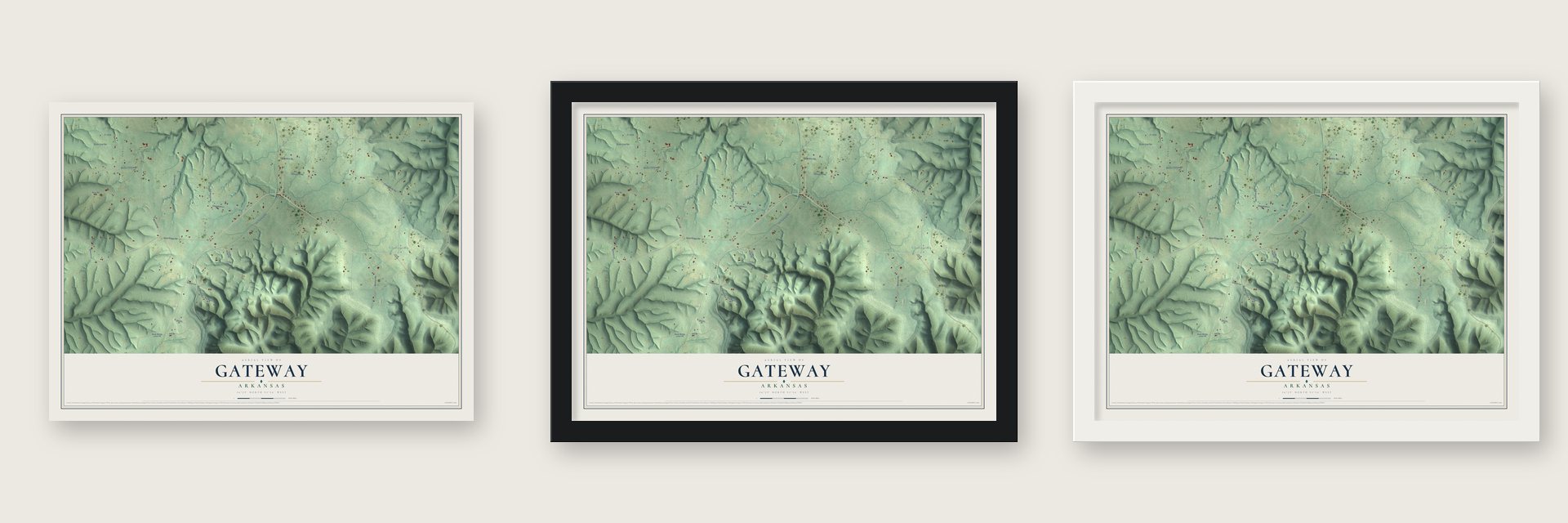 Gateway, Arkansas map unframed, in a black wood frame and in a white wood frame