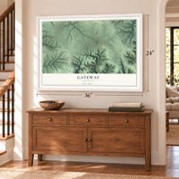 Gateway, Arkansas map, 24 x 36 inch print in a white frame above a dresser by a staircase