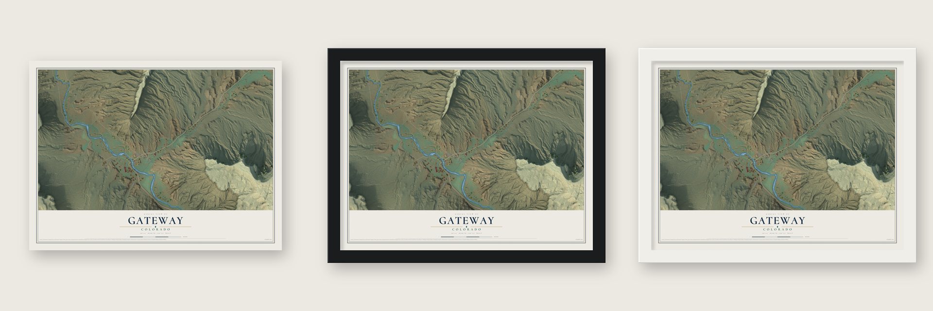 Gateway, Colorado map unframed, in a black wood frame and in a white wood frame