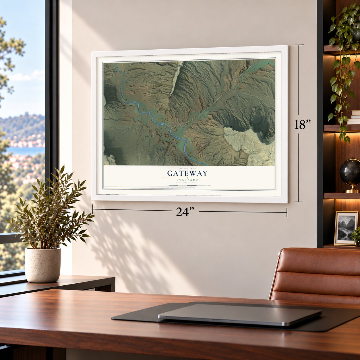 Gateway, Colorado map, 18 x 24 inch print in a white frame in a home office