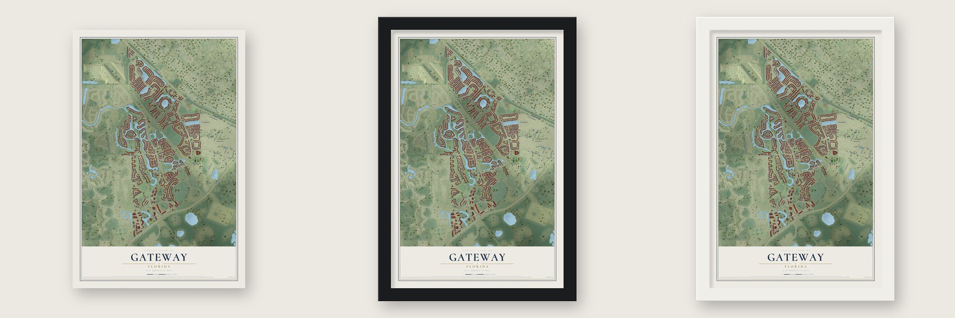 Gateway, Florida map unframed, in a black wood frame and in a white wood frame