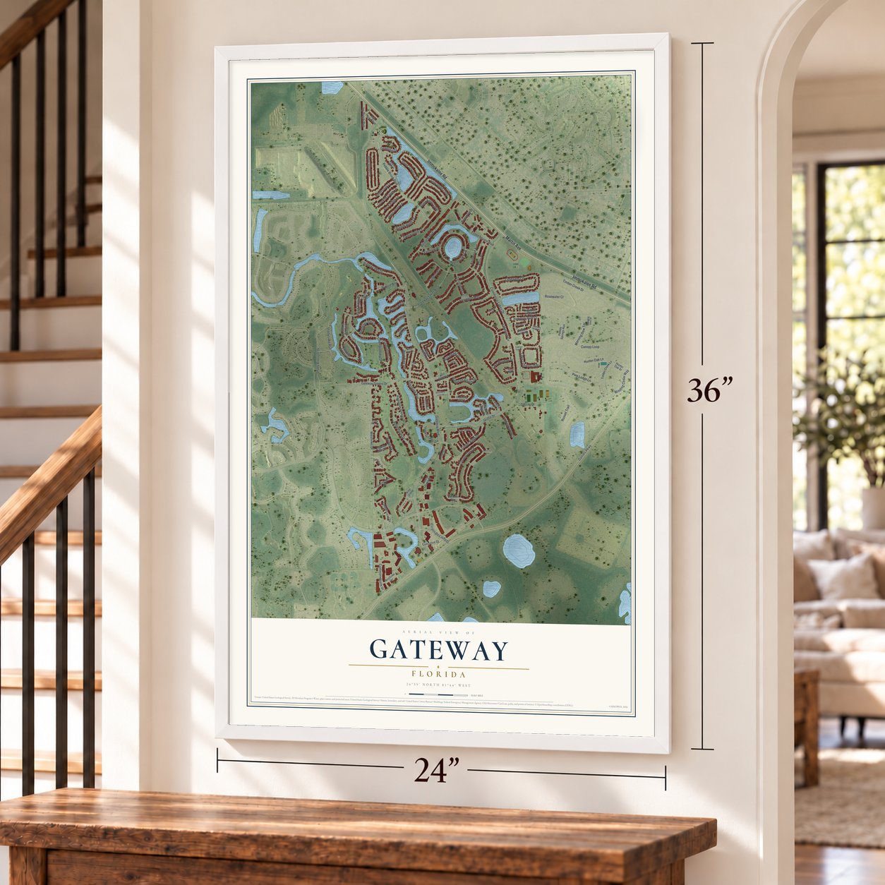 Gateway, Florida map, 24 x 36 inch print in a white frame by a staircase