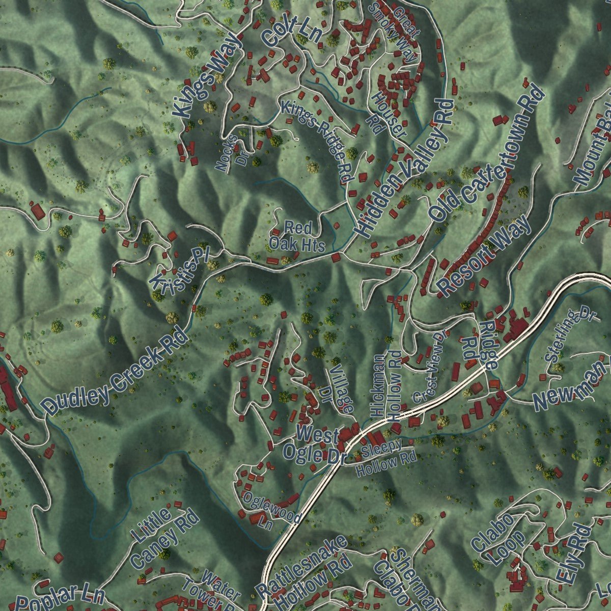 Second close-up of the map of Gatlinburg, Tennessee print showing more streets and buildings