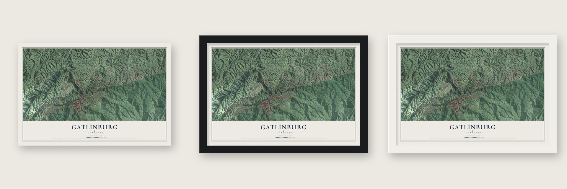 Gatlinburg, Tennessee map unframed, in a black wood frame and in a white wood frame
