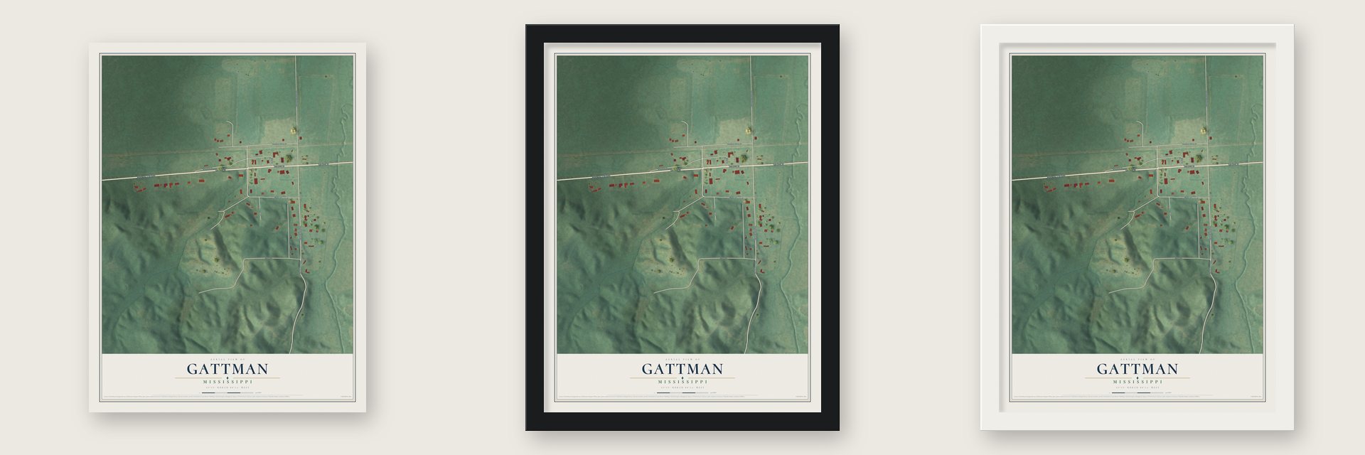 Gattman, Mississippi map unframed, in a black wood frame and in a white wood frame