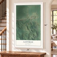Gattman, Mississippi map, 24 x 36 inch print in a white frame by a staircase