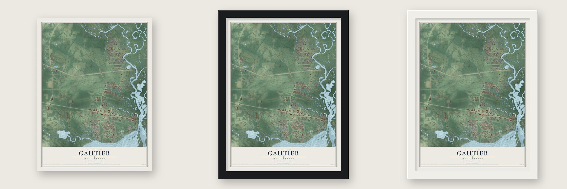 Gautier, Mississippi map unframed, in a black wood frame and in a white wood frame