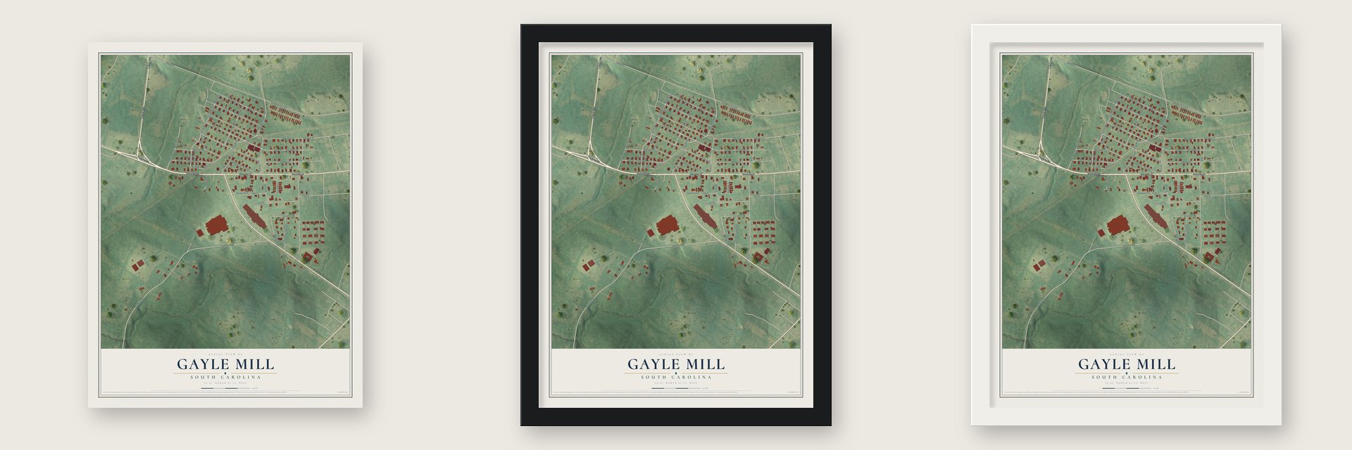 Gayle Mill, South Carolina map unframed, in a black wood frame and in a white wood frame