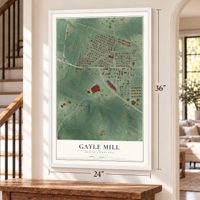 Gayle Mill, South Carolina map, 24 x 36 inch print in a white frame by a staircase