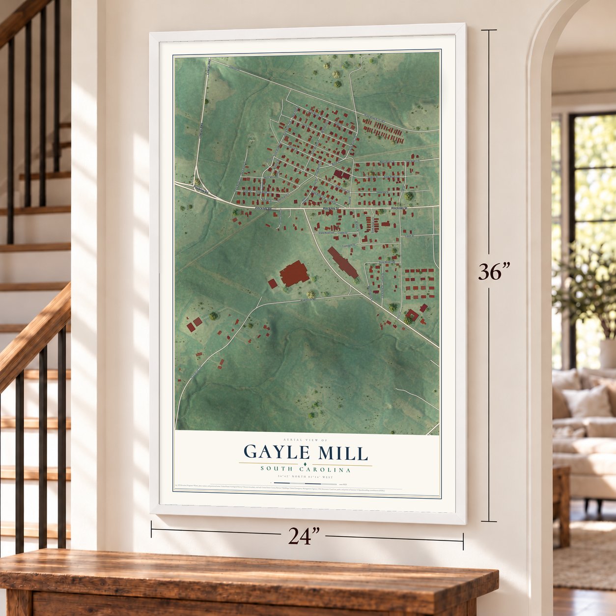 Gayle Mill, South Carolina map, 24 x 36 inch print in a white frame by a staircase