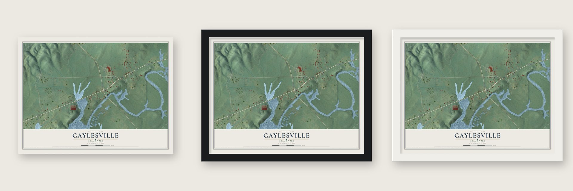 Gaylesville, Alabama map unframed, in a black wood frame and in a white wood frame