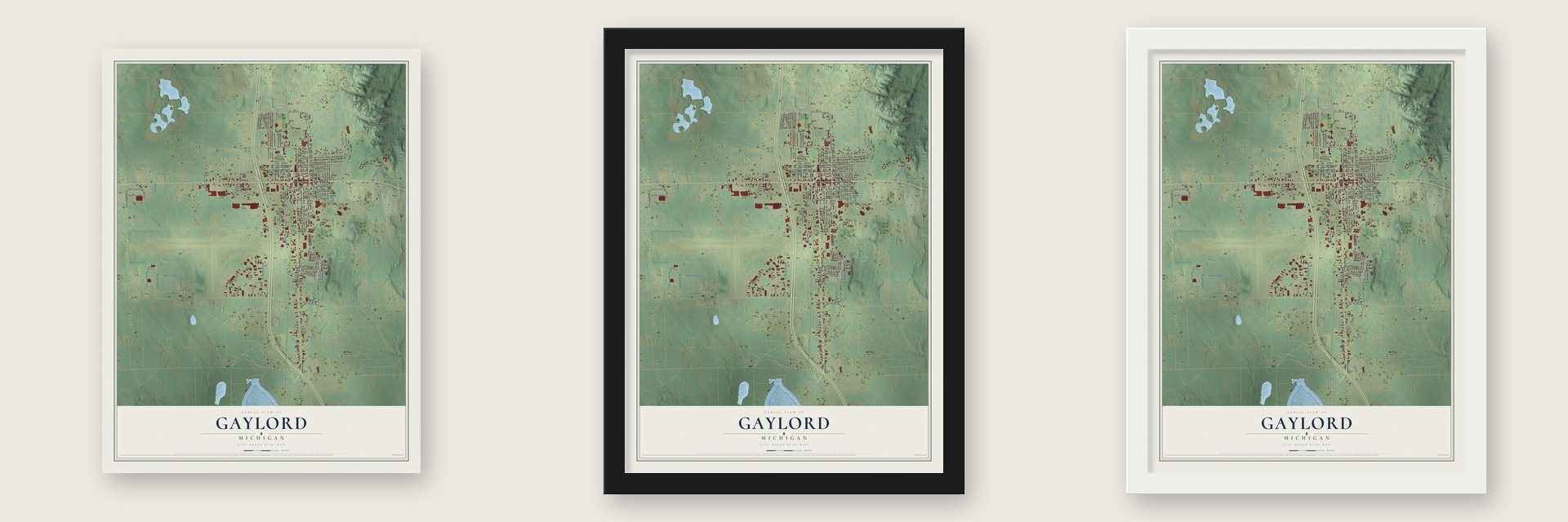 Gaylord, Michigan map unframed, in a black wood frame and in a white wood frame