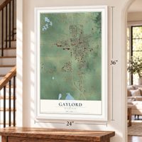 Gaylord, Michigan map, 24 x 36 inch print in a white frame by a staircase