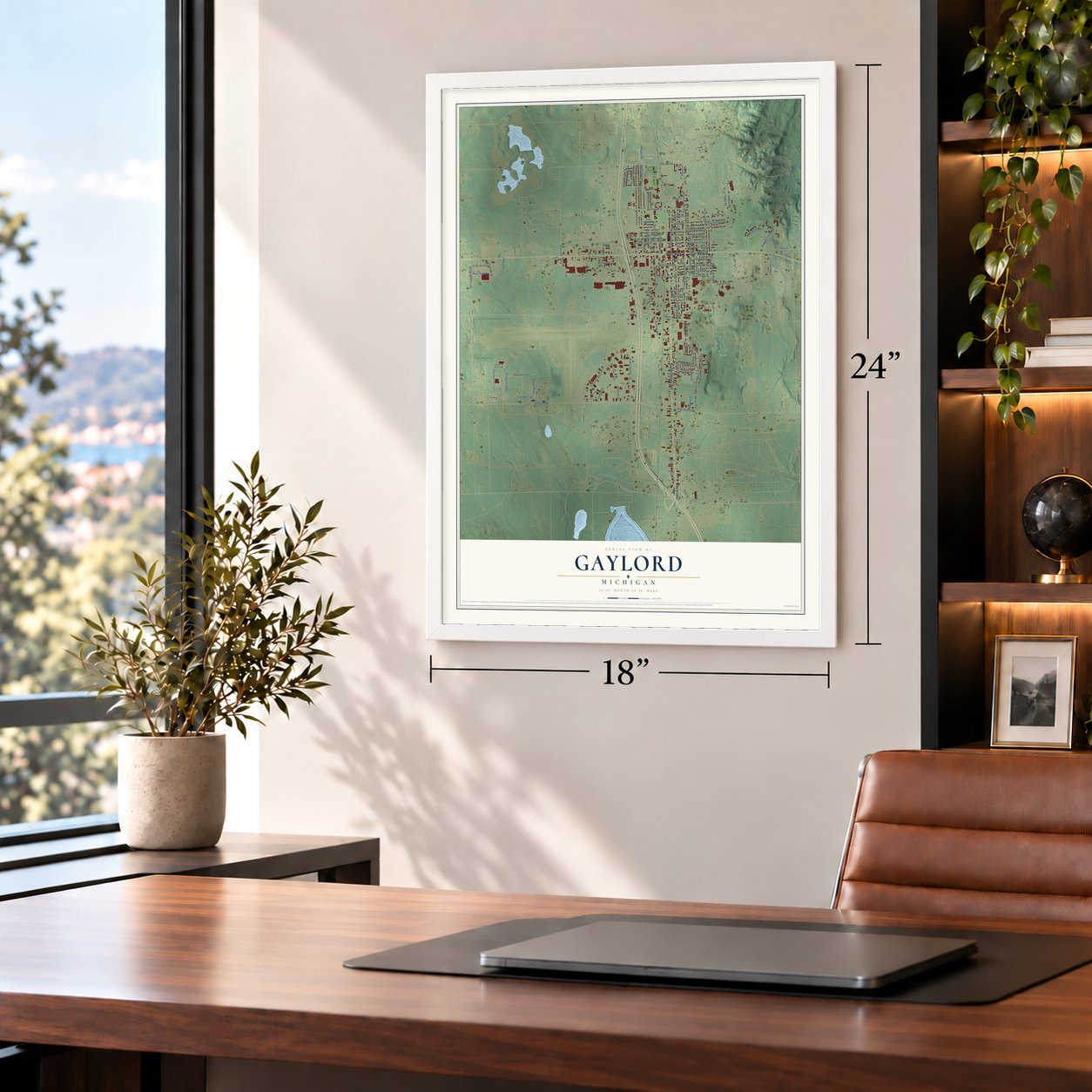 Gaylord, Michigan map, 18 x 24 inch print in a white frame in a home office