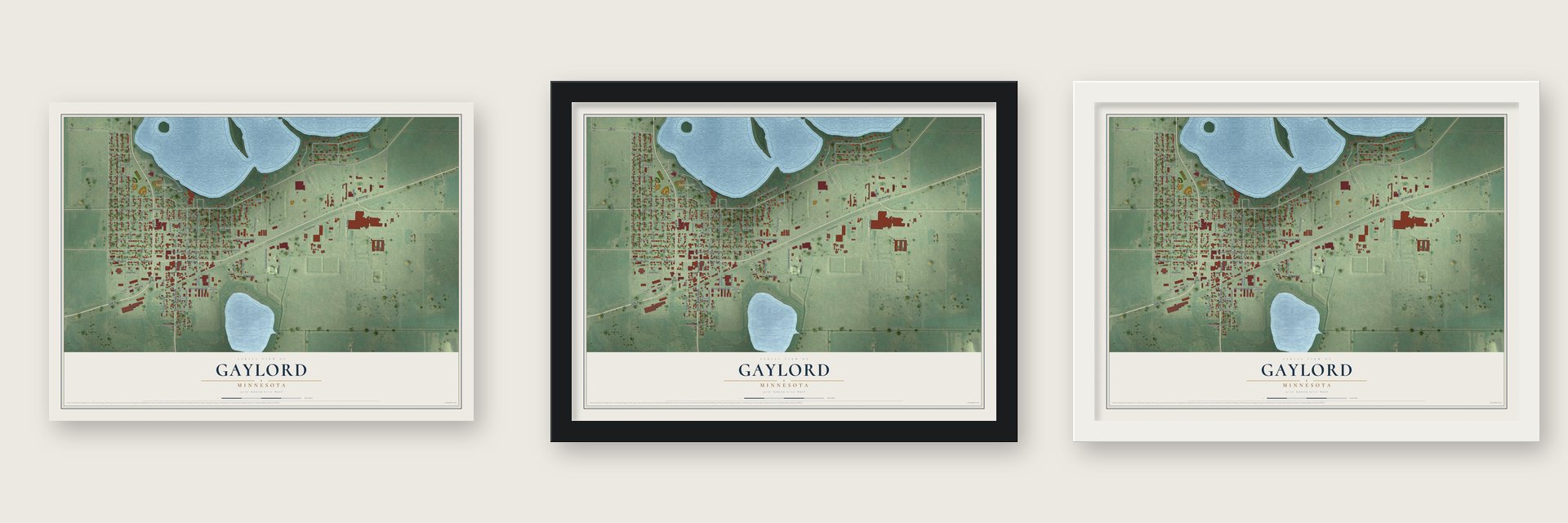 Gaylord, Minnesota map unframed, in a black wood frame and in a white wood frame