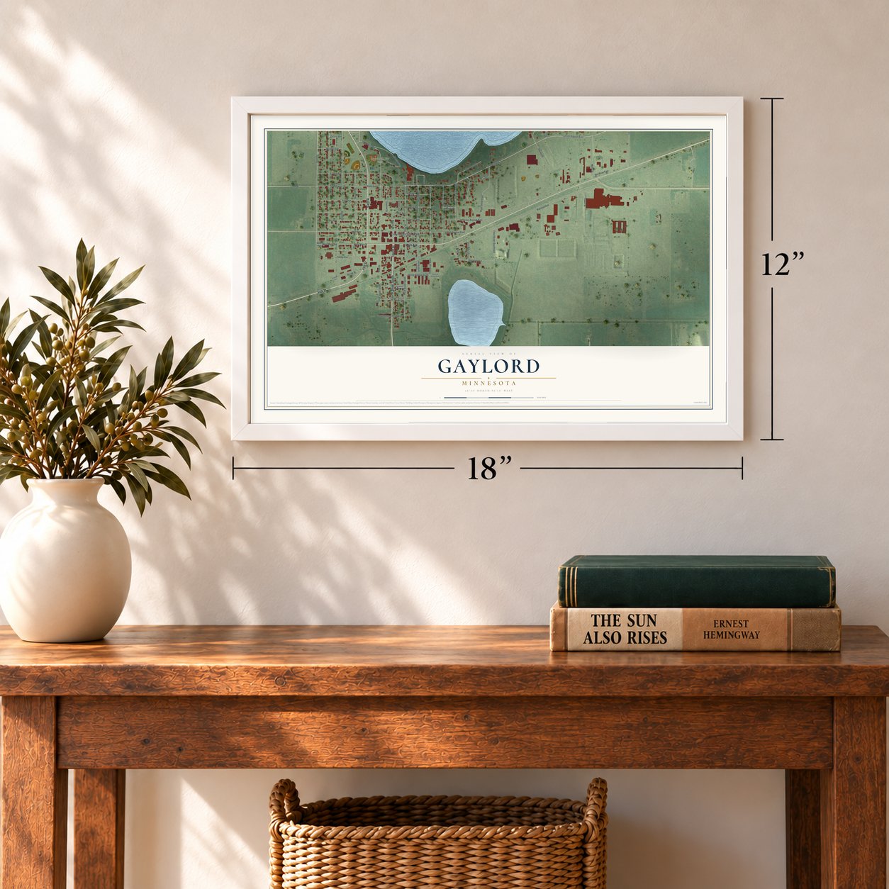 Gaylord, Minnesota map, 12 x 18 inch print in a white frame in an entryway