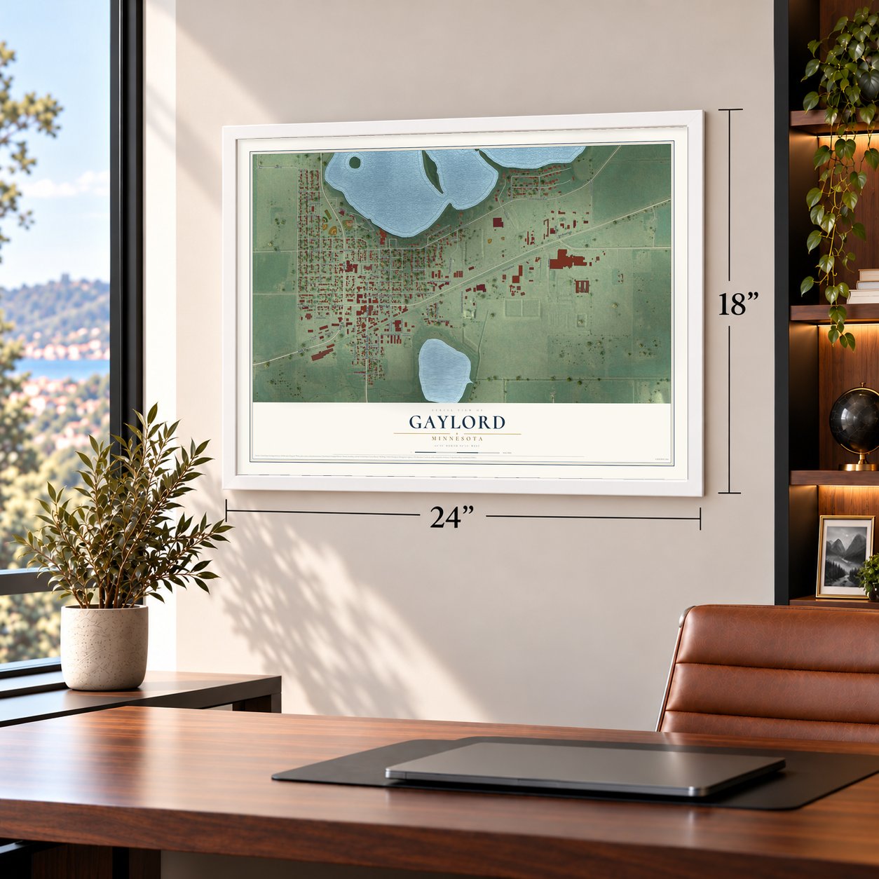 Gaylord, Minnesota map, 18 x 24 inch print in a white frame in a home office