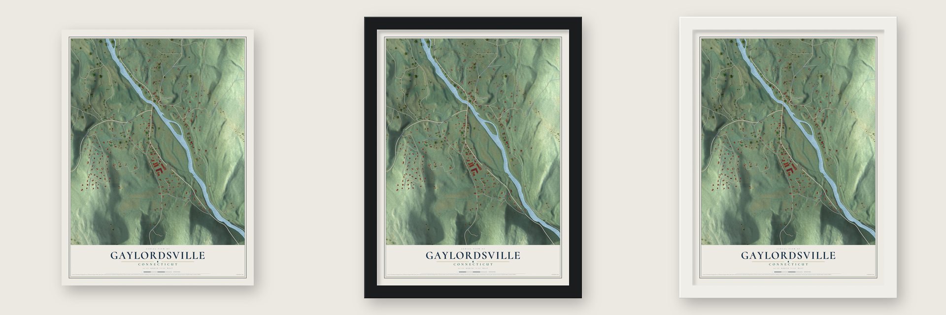 Gaylordsville, Connecticut map unframed, in a black wood frame and in a white wood frame