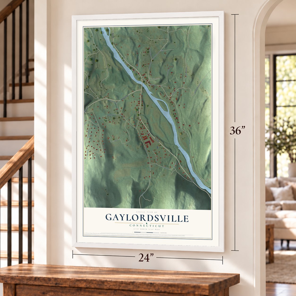 Gaylordsville, Connecticut map, 24 x 36 inch print in a white frame by a staircase