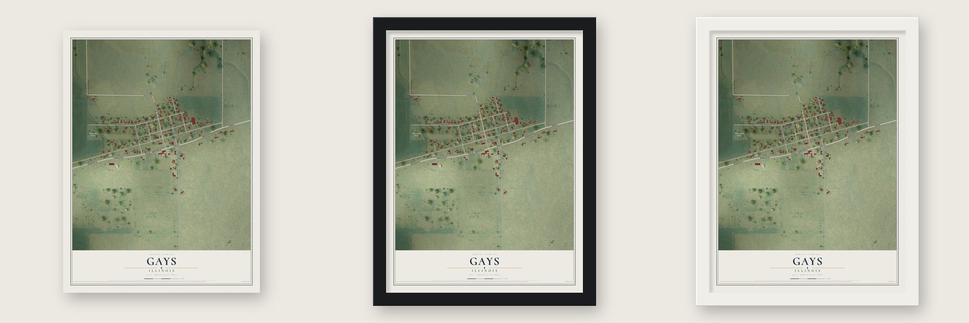 Gays, Illinois map unframed, in a black wood frame and in a white wood frame