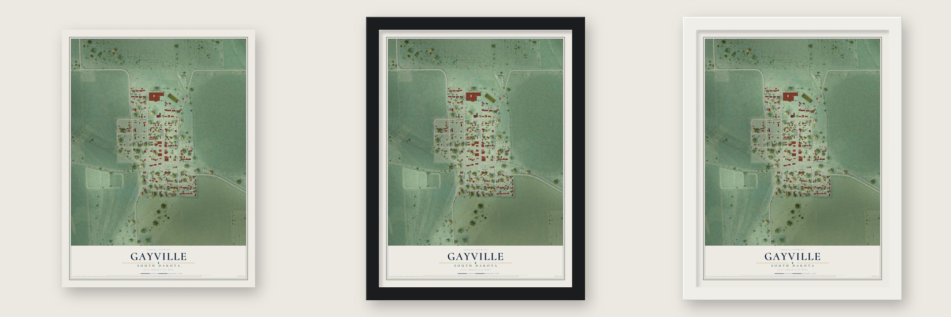 Gayville, South Dakota map unframed, in a black wood frame and in a white wood frame