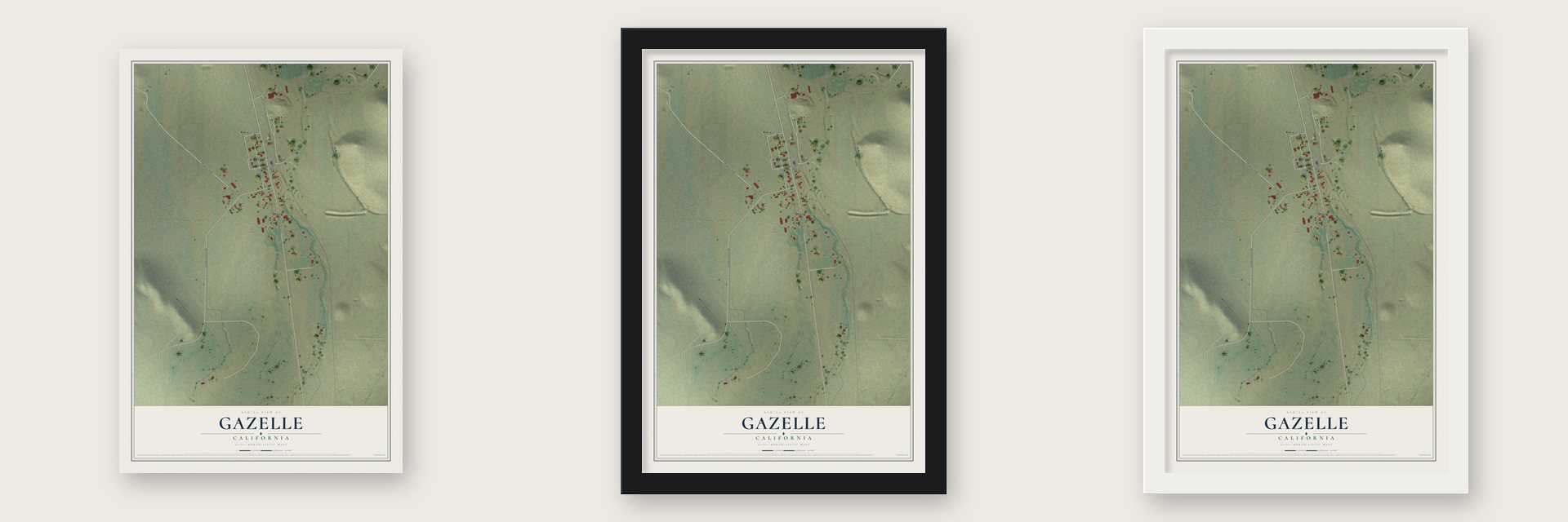 Gazelle, California map unframed, in a black wood frame and in a white wood frame