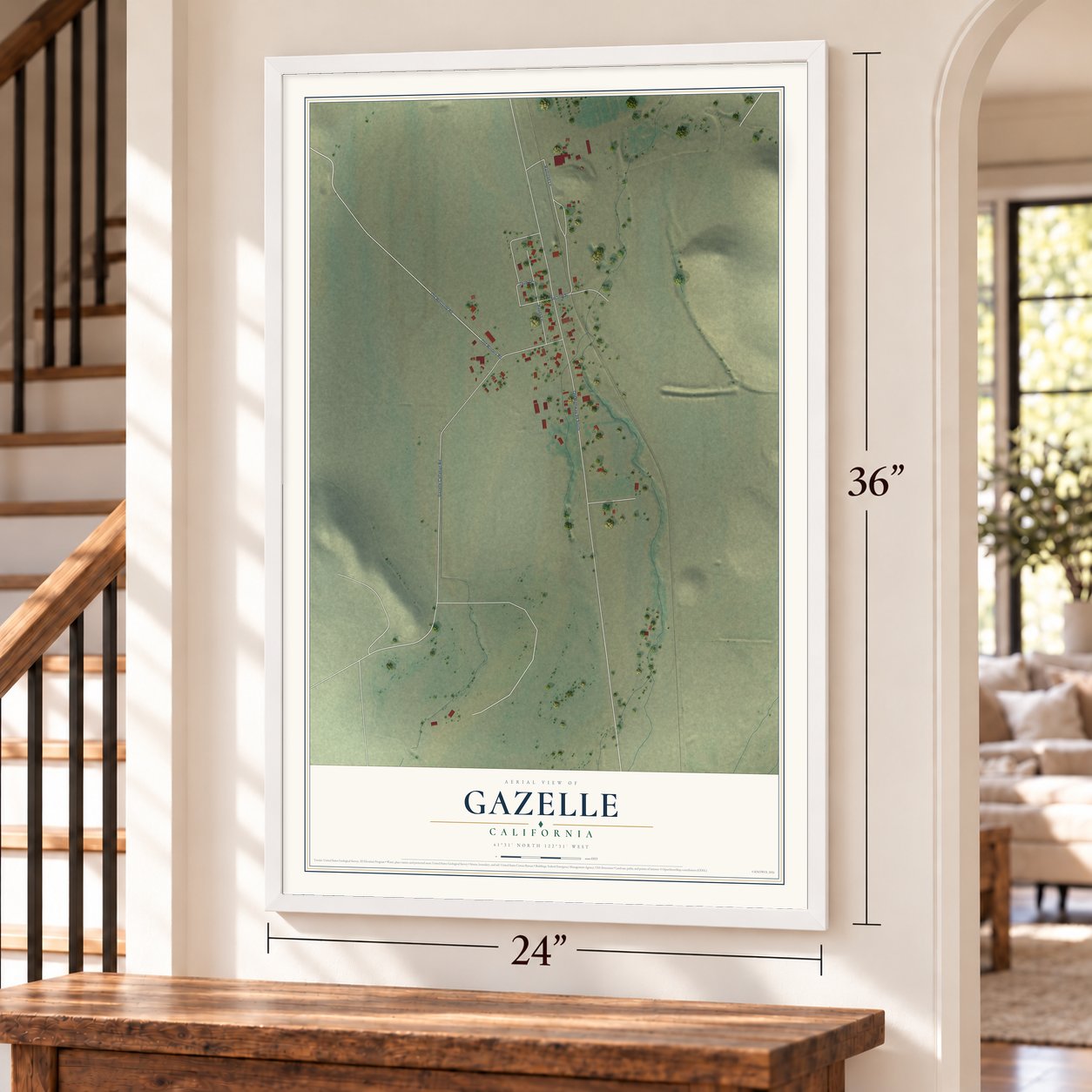 Gazelle, California map, 24 x 36 inch print in a white frame by a staircase