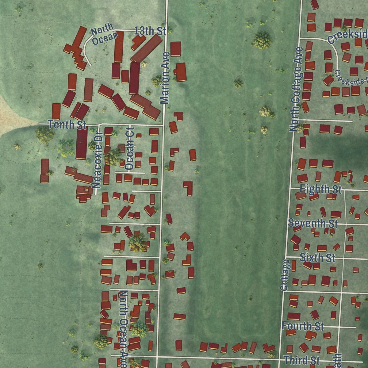 Second close-up of the map of Gearhart, Oregon print showing more streets and buildings