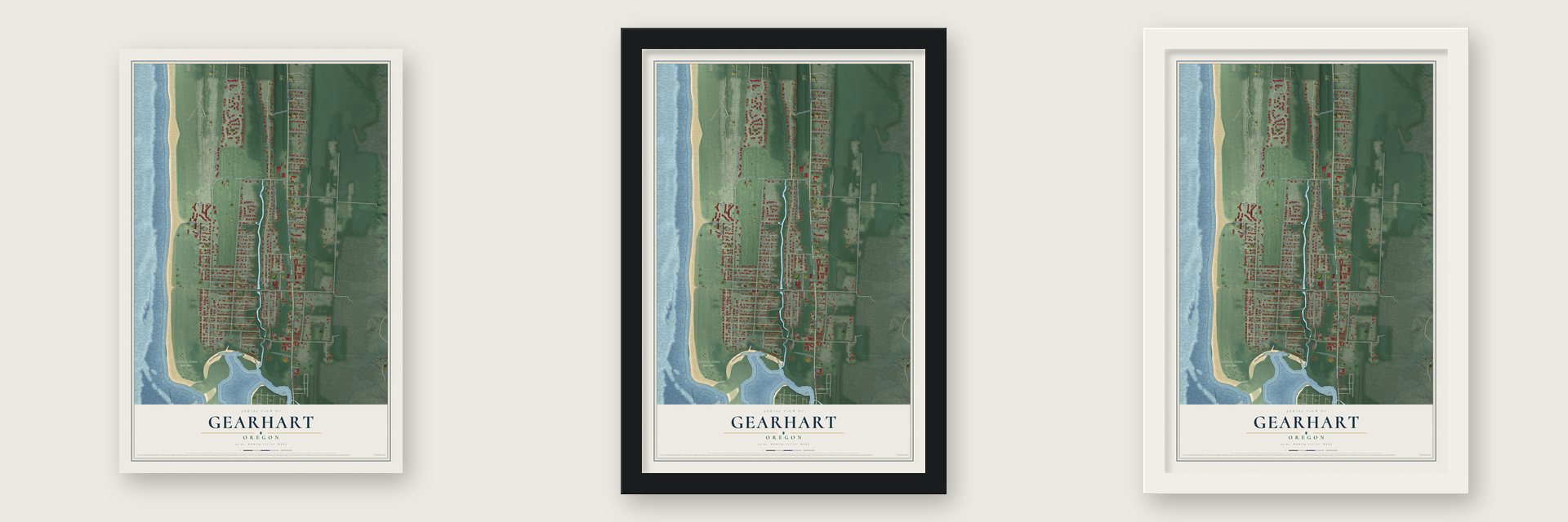 Gearhart, Oregon map unframed, in a black wood frame and in a white wood frame