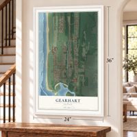 Gearhart, Oregon map, 24 x 36 inch print in a white frame by a staircase