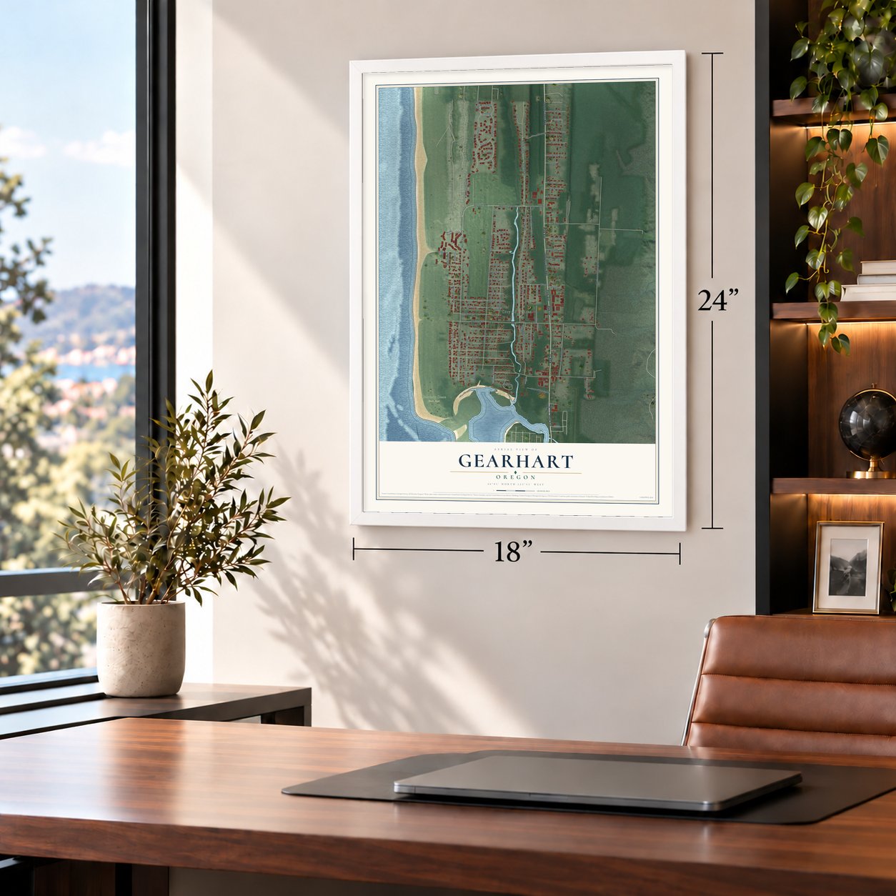 Gearhart, Oregon map, 18 x 24 inch print in a white frame in a home office
